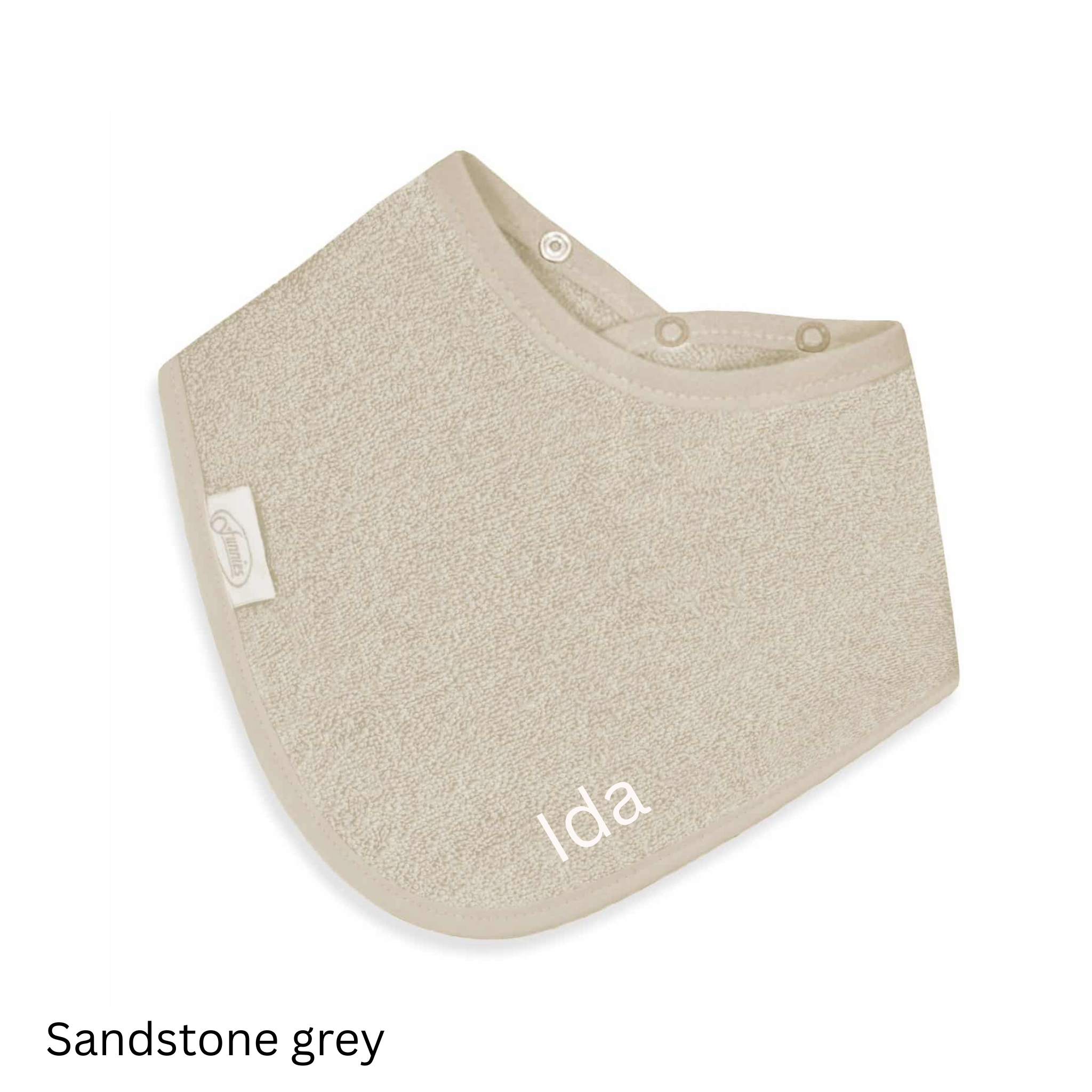 Frottee Halstuch Sandstone Grey, bestickt mit Namen und Druckknöpfen