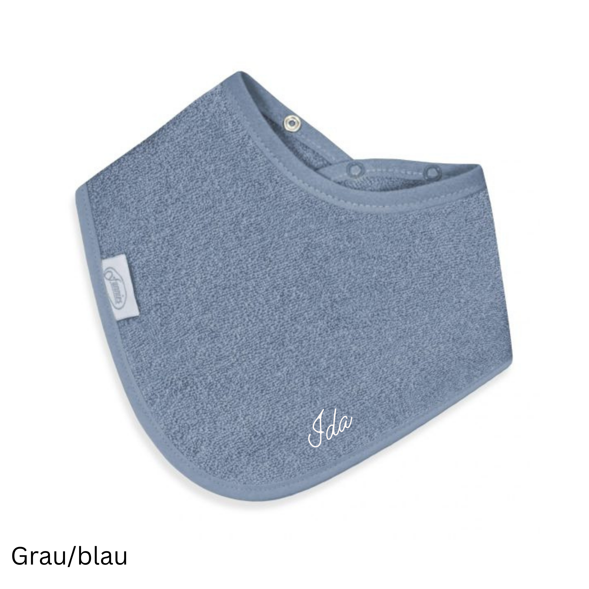 Frottee Halstuch Grau/ Blau, bestickt mit Namen, Verschluss Druckknöpfe für Babys und Kinder