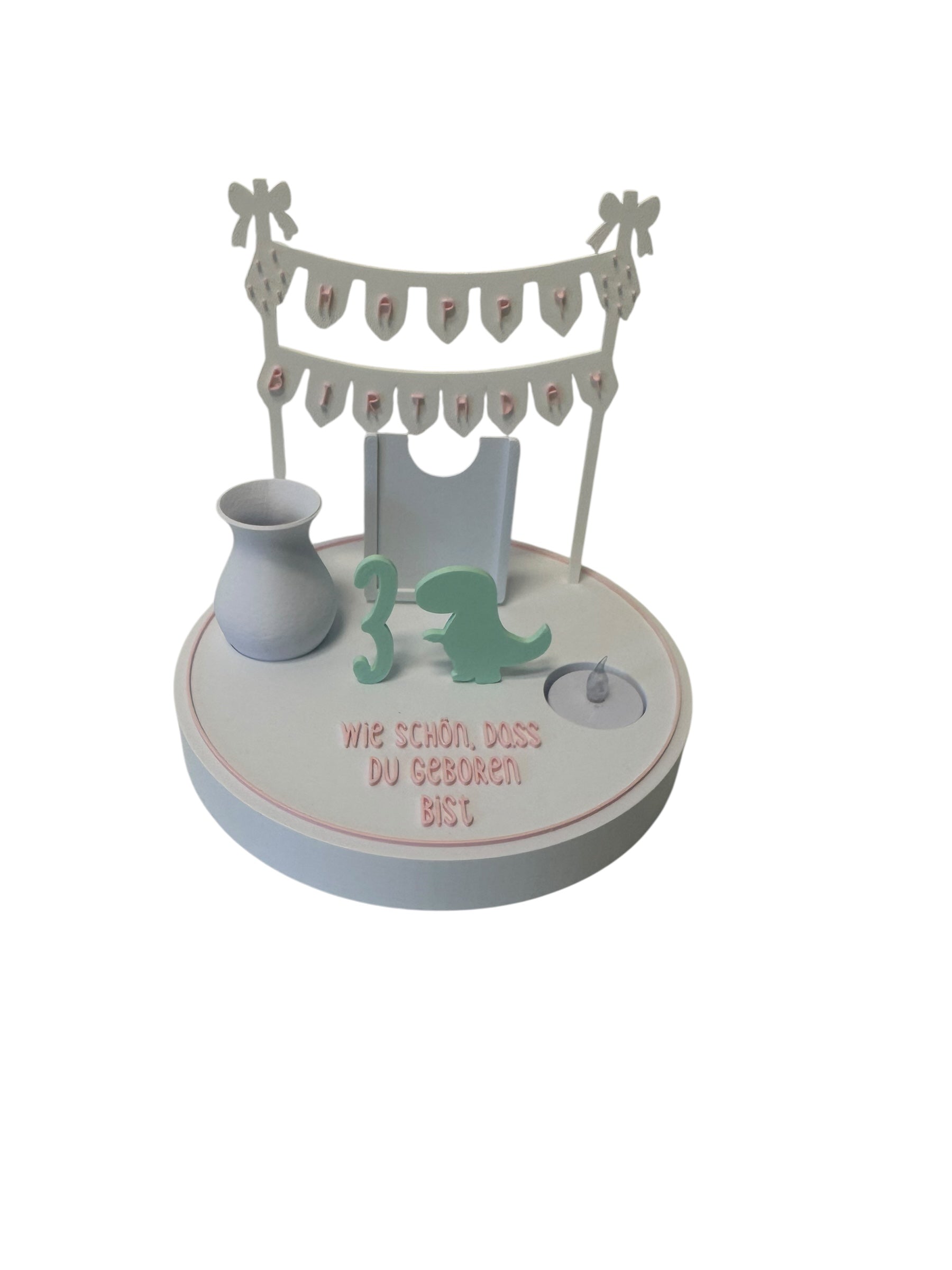 Modularer Geburtstagsteller Set Dino Abenteuer mit kleiner Vase