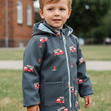 Softshelljacke Kinder Dunkelblau mit Feuerwehrauto und Jersey-Futter