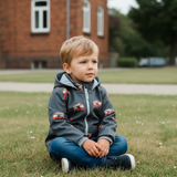 Softshelljacke Kinder Dunkelblau mit Feuerwehrauto und Jersey-Futter