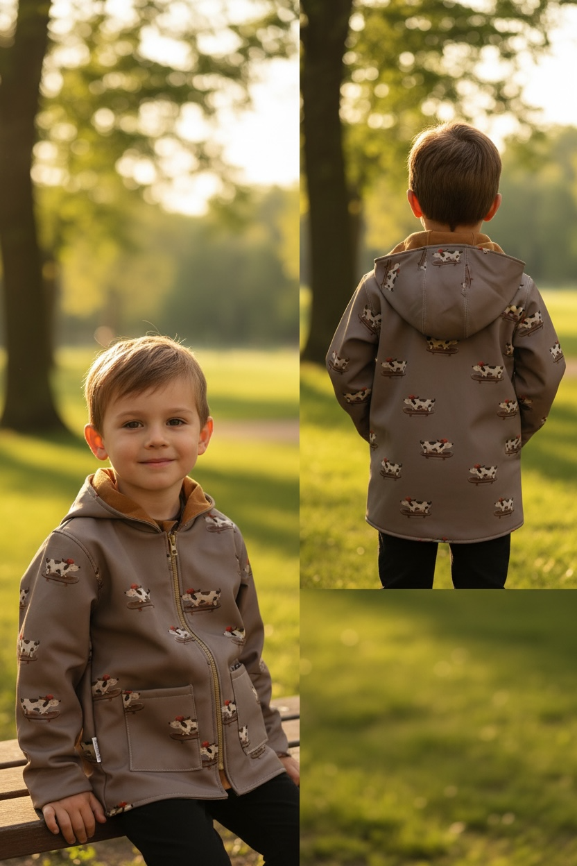 Aufgesetzte Taschen und hoher Kragen der Kinder Softshelljacke mit Hundemotiv