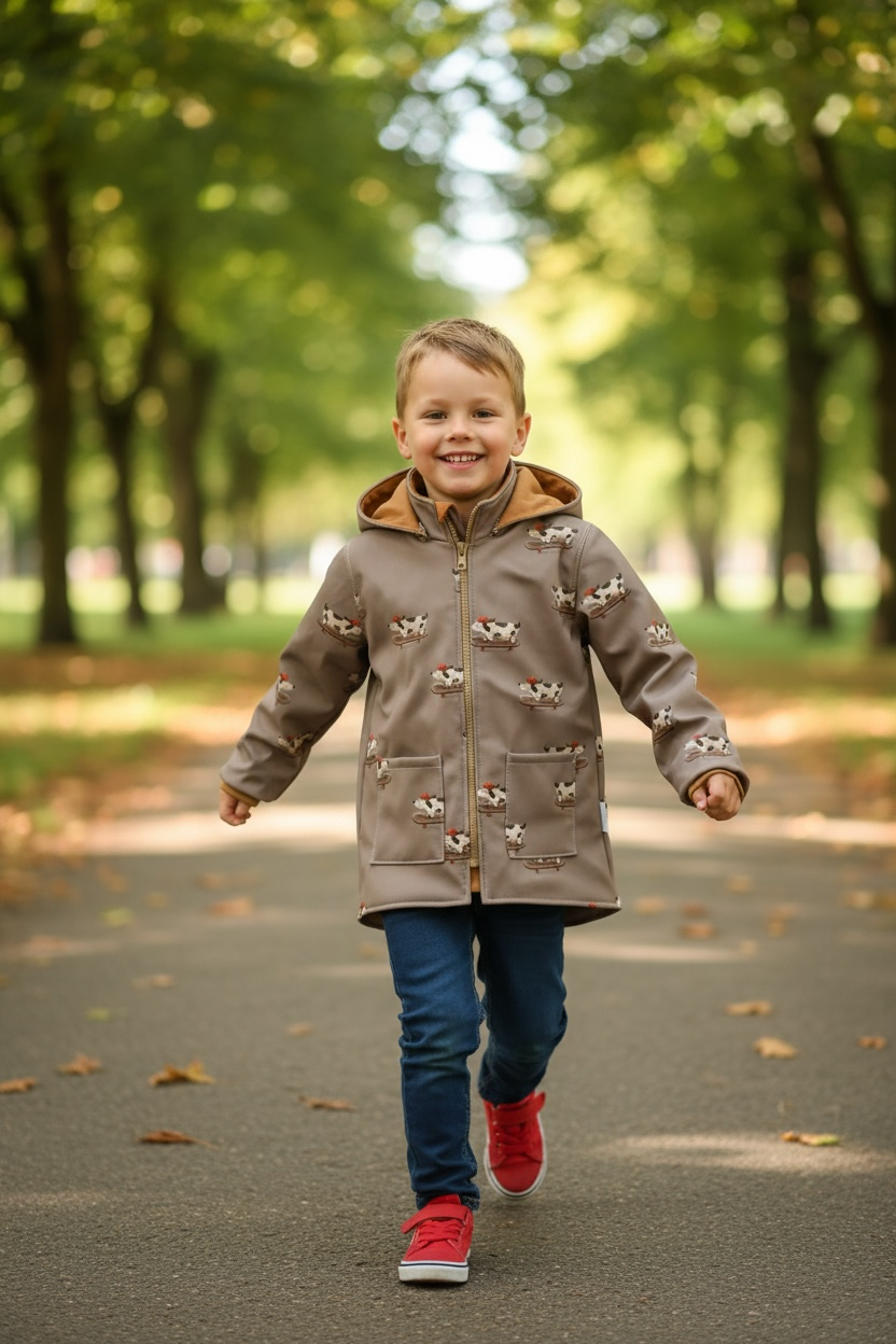 Kindersoftshelljacke mit Skateboard-Hund Motiv und Kapuze Vorderansicht