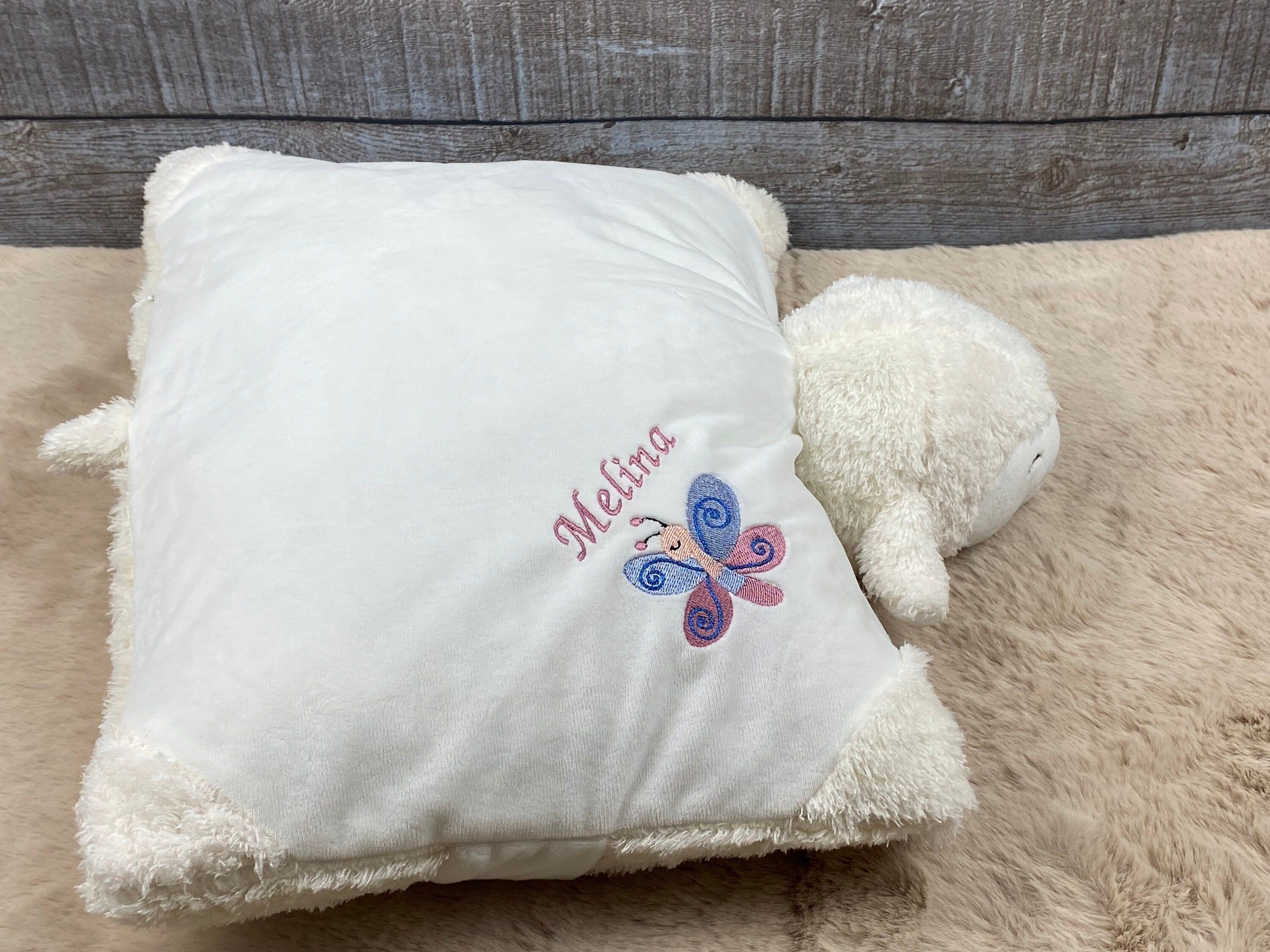Personalisiertes Kuschelkissen, Schmusekissen Lamm, Geburtskissen, Kuscheltier mit Namen, Taufgeschenk personalisiert, Kuschelkissen Schaf